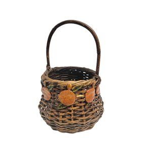 Vintage Hand Woven Fall Basket Pumkin Peach Orange Vine Leaves 14" Tall